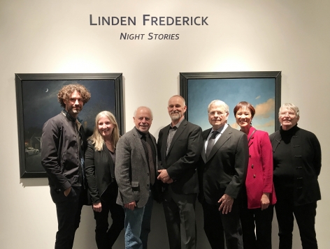 artist with authors, From left: Joshua Ferris, Luanne Rice, Richard Russo, Linden Frederick, Lawrence Kasdan, Tess Gerritsen, and Lois Lowry