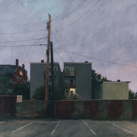 linden frederick, Rear Window, 2016, oil on linen, 36 x 36 inches, this painting inspired the short story, Rear Window, by Daniel Woodrell