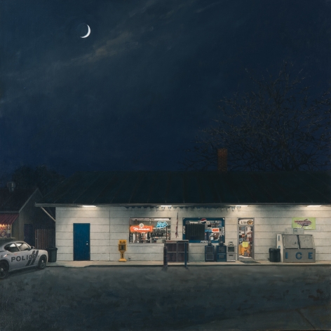 linden frederick, Police (SOLD), 2016, oil on linen, 36 x 36 inches, this painting inspired the short story, Maniacs, by Joshua Ferris